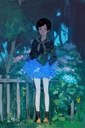  1girl black_eyes black_hair blue_skirt boots closed_mouth earrings fence flower forest grass grey_sailor_collar jewelry looking_at_viewer nature neckerchief original rain sailor_collar school_uniform serafuku short_hair skirt solo standing tree ukumo_uichi yellow_neckwear 