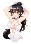  1girl adjusting_hair armpits arms_behind_head arms_up azur_lane bangs bare_arms bare_shoulders blunt_bangs blush bow breasts brown_hair castle cleavage closed_mouth criss-cross_halter eyebrows_visible_through_hair hair_bow halterneck highres large_breasts lips long_hair looking_at_viewer orange_eyes ponytail ribbon sasha_chii see-through shiny shiny_hair signature simple_background smile solo swimsuit takao_(azur_lane) upper_body very_long_hair white_background white_ribbon white_swimsuit 