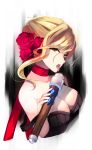  1girl blonde_hair breasts chiroru_(cheese-roll) cleavage evelynn flower hair_between_eyes hair_flower hair_ornament highres league_of_legends looking_at_viewer neckerchief open_mouth rose sexually_suggestive short_hair solo strap_slip tongue tongue_out yellow_eyes 