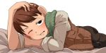  1boy black_eyes brown_hair chilchuck dungeon_meshi kaminosaki1 large_ears looking_at_viewer lying male_focus on_bed on_stomach simple_background solo vest waking_up white_background 