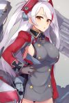  1girl azur_lane bangs black_gloves blush breasts brown_eyes commentary_request cowboy_shot dress glint gloves grey_background hand_on_hip headgear highres ichijou_(kr_neru0) iron_cross large_breasts long_hair long_sleeves looking_at_viewer military military_uniform mole mole_on_breast parted_lips prinz_eugen_(azur_lane) redhead rigging short_dress sideboob sidelocks simple_background solo tsurime two_side_up uniform white_hair 