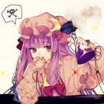  1girl bangs blue_bow blunt_bangs bow capelet commentary_request covering_mouth crescent crescent_hair_ornament daimaou_ruaeru dress fingernails flask hair_bow hair_ornament hands_up hat highres holding long_hair long_sleeves mob_cap patchouli_knowledge potion purple_hair red_bow sketch skull_and_crossbones solo spoken_skull_and_crossbones tears touhou upper_body very_long_hair violet_eyes 
