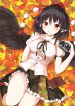  1girl absurdres autumn_leaves black_hair black_legwear black_ribbon black_skirt breasts buttons camera commentary_request finger_to_cheek hat highres large_breasts leaf looking_at_viewer lying miniskirt navel neck_ribbon notebook on_back pointy_ears pom_pom_(clothes) red_eyes red_footwear ribbon shameimaru_aya shoes skirt socks solo tassel techi_(techi35499) tokin_hat touhou wing_collar 
