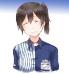  1girl black_hair blue_background character_name closed_eyes employee_uniform gradient gradient_background id_card kaga_(kantai_collection) kantai_collection lawson satsumi short_hair side_ponytail solo uniform upper_body white_background 