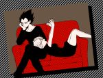  1boy 1girl :d black black_dress black_eyes black_hair black_pants black_shirt bulma couch couple dragon_ball dragonball_z dress frame grey_background hand_on_own_cheek happy hetero legs_crossed long_sleeves looking_away looking_up monochrome nail_polish on_lap open_mouth outstretched_arms pants red red_nails rochiko_(bgl6751010) serious shirt short_hair simple_background sitting smile spiky_hair vegeta white 