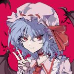  1girl bangs bat_(animal) blue_hair chinese_commentary choker closed_mouth collared_shirt commentary_request commission frills hat hat_ribbon highres light_blue_hair long_sleeves medium_hair mob_cap pink_background pixiv_commission pointy_ears portrait red_choker red_eyes red_ribbon remilia_scarlet ribbon shirt solo sudadada54343 touhou v white_headwear 