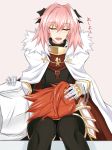  1boy 1girl black_bow black_legwear bow cape closed_eyes commentary_request facing_away fang fate/apocrypha fate/grand_order fate_(series) fujimaru_ritsuka_(female) hair_bow lying on_side open_mouth orange_hair pink_hair piro_(iiiiiiiiii) rider_of_black side_ponytail sitting translation_request trap white_cape 