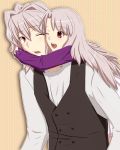  1boy 1girl ahoge bangs breasts couple eyebrows_visible_through_hair fate/apocrypha fate/stay_night fate_(series) hetero hug hug_from_behind illyasviel_von_einzbern long_hair long_sleeves looking_at_another one_eye_closed red_eyes shirt short_hair sieg_(fate/apocrypha) silver_hair source_request waistcoat white_shirt 