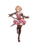  1girl bangs blonde_hair boots breasts brown_eyes collarbone djeeta_(granblue_fantasy) dress full_body gauntlets granblue_fantasy hairband holding holding_sword holding_weapon juliet_sleeves long_sleeves looking_at_viewer medium_breasts minaba_hideo official_art one_leg_raised pink_dress puffy_sleeves sheath short_dress short_hair smile solo standing sword thigh-highs thigh_boots transparent_background weapon zettai_ryouiki 