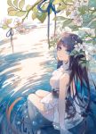  1girl bangs blue_eyes blue_hair blush breasts china_dress chinese_clothes dress fre legs_together long_hair looking_at_viewer looking_back original outdoors parted_lips pond ripples short_dress sidelocks sitting small_breasts soaking_feet solo thighs very_long_hair white_dress white_flower 
