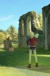  1girl blonde_hair bouquet denim denim_shorts fate/apocrypha fate/grand_order fate_(series) flower from_behind grave hand_on_hip jacket leather leather_jacket mordred_(fate) mordred_(fate)_(all) ponytail real_world_location ruina ruins shorts sign tree 