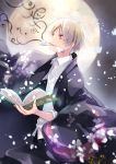  1boy black_pants blonde_hair book cape collared_shirt from_side full_moon grey_eyes holding holding_book kuga_tsukasa male_focus moon mouth_hold natsume_takashi natsume_yuujinchou open_book pants shirt sleeves_rolled_up solo standing white_shirt wing_collar 