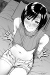  1girl bare_shoulders bed blush breasts erect_nipples final_fantasy final_fantasy_vii fingerless_gloves gloves greyscale headband looking_at_viewer looking_up midriff monochrome navel open_clothes open_shorts pillow sgk short_hair shorts sitting sleeveless smile solo yuffie_kisaragi 