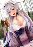  1girl arm_support azur_lane bangs bare_shoulders belfast_(azur_lane) blue_eyes blush braid breasts chains cleavage collar collarbone commentary_request eyebrows_visible_through_hair french_braid gloves kanzaki_kureha large_breasts long_hair looking_at_viewer maid maid_headdress open_mouth silver_hair solo 