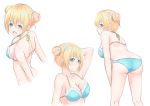 1girl :d alternate_hairstyle arm_up armpits ass bikini blend_s blonde_hair blue_bikini blue_eyes blush breasts closed_mouth collarbone double_bun eyebrows_visible_through_hair hair_between_eyes halterneck hand_behind_head highres hinata_kaho hofumaso kneepits large_breasts leaning_forward looking_at_viewer looking_back multiple_views open_mouth parted_lips profile short_hair smile standing swimsuit white_background 