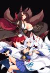  2girls absurdres akagi_(azur_lane) animal_ears azur_lane black_hair blue_eyes blush breasts cleavage fox_ears fox_tail highres japanese_clothes kaga_(azur_lane) large_breasts long_hair looking_at_viewer multiple_girls multiple_tails ouma_tokiichi parted_lips red_eyes short_hair silver_hair tail 