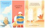  1boy aircraft bird blimp blue_sky castle clouds comic dirigible english hat kaboola king_dedede kirby_(series) male_focus no_humans peachifruit penguin robe sitting sky throne waddle_dee writing 