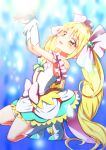 1girl blonde_hair blue_background commentary_request cure_echo hair_ribbon kneeling long_hair magical_girl precure precure_all_stars_new_stage:_mirai_no_tomodachi red_eyes ribbon sakagami_ayumi solo twintails very_long_hair white_ribbon wrist_cuffs yuto_(dialique) 