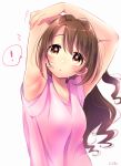 ! /\/\/\ 1girl :o armpits arms_up bare_arms blurry blush breasts brown_hair depth_of_field eyebrows_visible_through_hair hair_between_eyes hair_intakes hand_on_own_arm idolmaster idolmaster_cinderella_girls jamu long_hair looking_up messy_hair open_mouth pink_shirt shimamura_uzuki shiny shiny_skin shirt short_sleeves signature simple_background small_breasts solo speech_bubble stretch sweat sweaty upper_body wavy_hair white_background yellow_eyes 