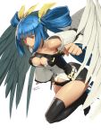  1girl asymmetrical_wings black_legwear blue_hair breasts dizzy guilty_gear guilty_gear_xrd hair_ribbon highres looking_at_viewer red_eyes ribbon signature simple_background solo tail tail_ribbon thigh-highs under_boob white_background wings zaki_(narashigeo) 