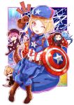  2girls 3boys armor babe_(fate) belt billy_the_kid_(fate/grand_order) black_widow black_widow_(cosplay) blonde_hair blue_eyes blush boots bow_(weapon) breasts bull cape captain_america captain_america_(cosplay) character_request charles_babbage_(fate/grand_order) cleavage commentary_request cosplay fate/grand_order fate_(series) gevjon gloves green_hair hammer hat hawkeye_(marvel) hawkeye_(marvel)_(cosplay) helena_blavatsky_(fate/grand_order) highres long_sleeves marvel multiple_boys multiple_girls nikola_tesla_(fate/grand_order) open_mouth paul_bunyan_(fate/grand_order) purple_hair shield short_hair smile sunglasses teeth thor_(marvel) thor_(marvel)_(cosplay) violet_eyes weapon yellow_eyes 
