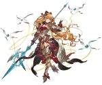  1girl armor armored_boots bangs blonde_hair boots bow breasts granblue_fantasy hair_bow hair_ornament halberd holding holding_weapon long_hair looking_at_viewer medium_breasts minaba_hideo navel official_art one_leg_raised overskirt polearm red_eyes shoulder_armor solo transparent_background turtleneck vira weapon 