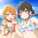  2girls :o :p alternate_hairstyle armpits beach bikini bikini_top black_hair braid breasts brown_eyes choker cleavage clouds cloudy_sky commentary_request day double_bun eyebrows_visible_through_hair food food_on_face frilled_bikini frills hair_between_eyes holding holding_food ice_cream ice_cream_cone idolmaster idolmaster_cinderella_girls jewelry long_hair matoba_risa multiple_girls necklace ocean open_mouth orange_hair outdoors riku_(melty_drop) sand self_shot sky small_breasts swimsuit tongue tongue_out twin_braids upper_body yellow_eyes yuuki_haru 