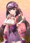  10t 1girl black_hair blush breasts brown_hair fate/grand_order fate_(series) gradient_hair hairband japanese_clothes large_breasts long_hair looking_at_viewer low_twintails multicolored_hair osakabe-hime_(fate/grand_order) purple_skirt skirt solo tablet_pc twintails very_long_hair violet_eyes 