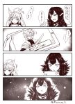  1boy 2girls 4koma ? animal_ears archer_of_red assassin_of_red black_hair comic fate/apocrypha fate/grand_order fate_(series) fur_trim greyscale jewelry kotomine_shirou long_hair mask meta monochrome multiple_girls pointy_ears ring shuugetsu_karasu spikes tablet_pc translation_request 
