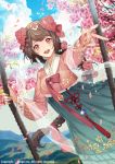  1girl :d blue_sky braid brown_hair clouds day floral_print flower hairband japanese_clothes laurelfalcon long_hair open_mouth outdoors outstretched_hand petals pink_eyes sid_story sky smile solo standing very_long_hair watermark 