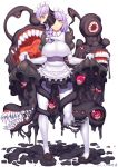  1girl apron bangs black_footwear braid breasts closed_mouth collared_shirt dated elbow_gloves eldritch_abomination extra_eyes extra_mouth eyebrows_visible_through_hair fangs gloves hair_ribbon highres large_breasts long_hair looking_at_viewer maid maid_apron maid_headdress melting monster_girl monster_girl_encyclopedia original pantyhose puffy_short_sleeves puffy_sleeves purple_hair red_eyes ribbon shirt shoes short_sleeves signature simple_background skirt skirt_lift slime smile solo standing tress_ribbon white_background white_gloves white_legwear wing_collar yui_sora 