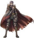  1boy armor armored_boots beard boots cape dahau facial_hair full_body fur_trim gloves looking_at_viewer male_focus official_art purple_hair senjou_no_valkyria senjou_no_valkyria_3 solo transparent_background violet_eyes 