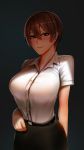  1girl arm_behind_back badcompzero black_background breasts brown_eyes brown_hair earrings jewelry large_breasts light_smile looking_at_viewer shadow shirt short_hair simple_background skirt solo white_shirt 