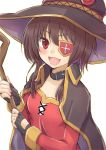  b.c belt black_gloves cape collar dress eyepatch fingerless_gloves gloves hat highres holding holding_staff kono_subarashii_sekai_ni_shukufuku_wo! looking_at_viewer megumin open_mouth red_dress red_eyes short_hair_with_long_locks smile staff witch_hat 