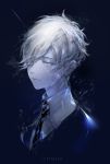  androgynous antarcticite artist_name black_background blue_eyes callarinc crack eyelashes hair_over_one_eye highres houseki_no_kuni light_rays lips looking_afar necktie pale_skin short_hair simple_background solo upper_body white_hair wing_collar 