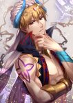  1boy arabian_clothes bangs blonde_hair crop_top earrings fate/grand_order fate_(series) gilgamesh gilgamesh_(caster)_(fate) hair_between_eyes hand_on_own_chin horns jewelry looking_at_viewer male_focus minami_ikkei open_clothes open_vest parted_lips pectorals red_eyes solo toned toned_male tsurime upper_body vest 