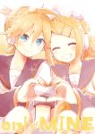  1boy 1girl :d ^_^ blonde_hair blue_eyes brother_and_sister closed_eyes commentary_request detached_sleeves english eyebrows_visible_through_hair hair_ornament hairclip headphones heart heart_hands heart_hands_duo kagamine_len kagamine_rin looking_at_viewer necktie open_mouth ryou_(fallxalice) sailor_collar short_hair siblings smile twins vocaloid 