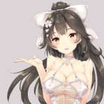  1girl azur_lane black_hair bow breasts brown_eyes casual_one-piece_swimsuit cleavage flower fukuda_shuushi grey_background hair_bow hair_flaps hair_flower hair_ornament hand_up highres large_breasts long_hair looking_at_viewer one-piece_swimsuit open_mouth ponytail simple_background smile solo swimsuit takao_(azur_lane) upper_body very_long_hair white_bow white_swimsuit 
