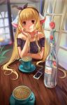  1girl bare_shoulders blonde_hair blurry bottle brown_eyes cafe cellphone chii chin_rest chobits closed_mouth coffee coffee_cup coffee_mug depth_of_field duximeng flower hair_tubes hairband heart heart_print highres indoors long_hair nail_polish phone pov pov_across_table red_rose robot_ears rose smartphone smile solo table very_long_hair 