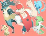 1boy absurdres apron bandaid bandaid_on_nose bandanna from_above green_hair hand_in_pocket highres holding holding_poke_ball kirlia looking_at_viewer lucario male_focus manaphy mimikyu nazono_buru npc_trainer poke_ball pokemon pokemon_(creature) pokemon_(game) pokemon_breeder_(pokemon) pokemon_oras red_apron red_background simple_background smile smirk 