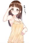  1girl armpits bangs bare_arms bare_shoulders blunt_bangs blush brown_eyes brown_hair closed_mouth collarbone eyebrows_visible_through_hair hand_up highres long_hair looking_at_viewer simple_background solo standing straight_hair sweatdrop translation_request upper_body wavy_mouth white_background yuki_arare 