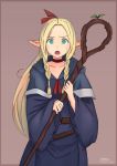 1girl blonde_hair blue_robe border dungeon_meshi elf ginn_(carter51219) green_eyes holding holding_staff hooded_capelet looking_at_viewer mage marcille maroon_background outside_border pointy_ears solo staff 