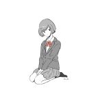  1girl bangs between_legs bow bowtie collared_shirt full_body greyscale gumi. hand_between_legs jacket long_sleeves monochrome original pleated_skirt red_neckwear school_uniform seiza shirt short_hair signature simple_background sitting skirt smile solo spot_color white_background 
