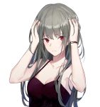 1girl 3: aiko_(kanl) bangs bare_shoulders blush breasts camisole cleavage closed_mouth collarbone eyebrows_visible_through_hair grey_hair hand_in_hair hands_in_hair hands_up long_hair looking_at_viewer medium_breasts original simple_background solo tsurime upper_body violet_eyes white_background 