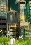  1girl bent_over building city clouds day dress facing_away from_behind grass long_sleeves original outdoors reflection robot ruins scenery skyscraper solo standing ukumo_uichi white_dress 