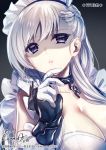  1girl artist_name azur_lane bare_shoulders belfast_(azur_lane) blue_eyes braid breasts chains cleavage collar commentary_request empty_eyes eyebrows_visible_through_hair gloves highres kanzaki_kureha large_breasts long_hair looking_at_viewer maid maid_headdress open_mouth silver_hair solo twitter_username yandere yandere_trance 