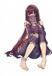  1girl arabian_clothes barefoot blush breasts detached_sleeves duoyuanjun fate/grand_order fate_(series) full_body harem_outfit highres long_hair looking_at_viewer medium_breasts purple_hair red_eyes scathach_(fate/grand_order) simple_background sitting solo tiara veil white_background 