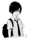  1girl backpack bag bangs black_hair blank_stare collared_shirt commentary dated expressionless greyscale hair_over_one_eye looking_at_viewer monochrome nakamura_hinata necktie original shirt shirt_pocket short_hair short_sleeves signature simple_background solo tomboy upper_body wing_collar 