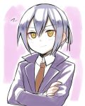  1boy cosplay crossed_arms dangan_ronpa dangan_ronpa_1 hair_ornament iberico jacket kirigiri_kyouko kirigiri_kyouko_(cosplay) looking_at_viewer necktie new_dangan_ronpa_v3 purple_jacket saihara_shuuichi school_uniform simple_background smile upper_body yellow_eyes 