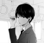  1boy arm_up bus_interior business_suit earphones earphones expressionless formal greyscale long_sleeves looking_at_viewer monochrome nakamura_hinata necktie original solo standing suit upper_body wing_collar 
